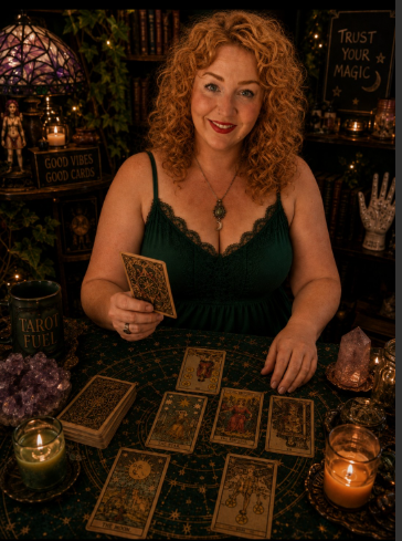 Emma of Crazy Tarot Lady laying out a tarot spread by candlelight